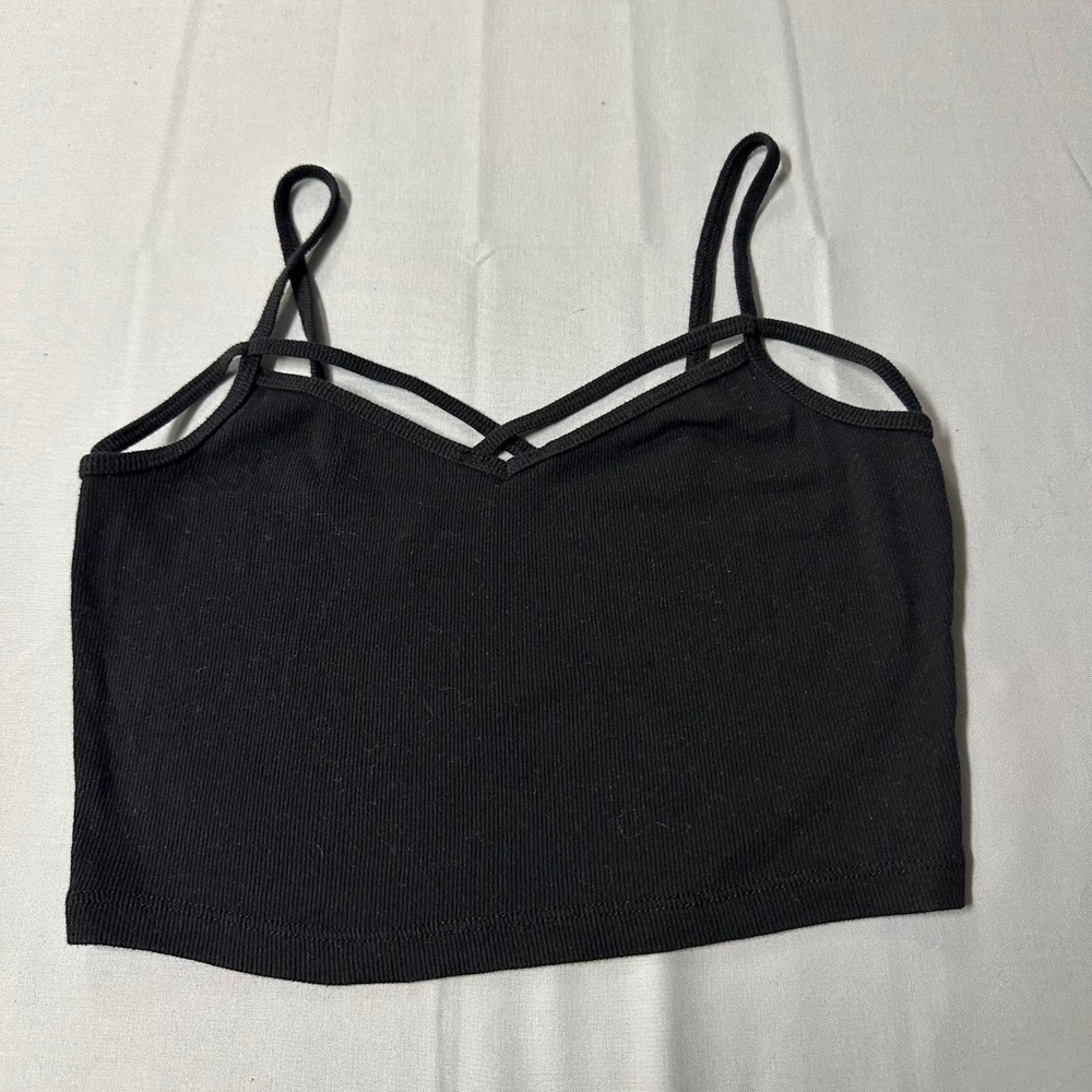 Aeropostale Womens Small Black Ribbed Criss Cross V-Neck Cami Crop Top